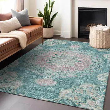 8' X 10' Teal Blue Floral Medallion Washable Indoor Outdoor Area Rug