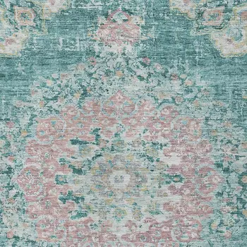 10' X 14' Teal Blue Floral Medallion Washable Indoor Outdoor Area Rug