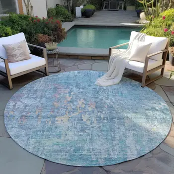 8' Blue Round Abstract Washable Indoor Outdoor Area Rug
