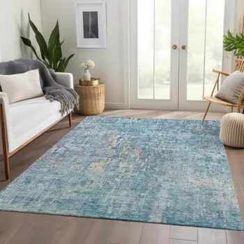 9' X 12' Blue Abstract Washable Indoor Outdoor Area Rug