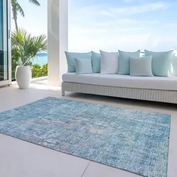 10' X 14' Blue Abstract Washable Indoor Outdoor Area Rug