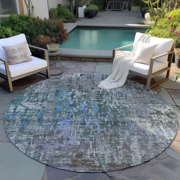 8' Fern Green Round Abstract Washable Indoor Outdoor Area Rug