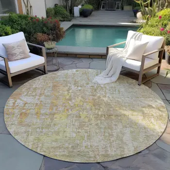 8' Khaki Round Abstract Washable Indoor Outdoor Area Rug