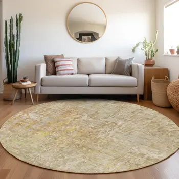 8' Khaki Round Abstract Washable Indoor Outdoor Area Rug
