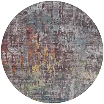 8' Pewter Round Abstract Washable Indoor Outdoor Area Rug