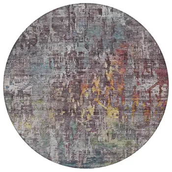 8' Pewter Round Abstract Washable Indoor Outdoor Area Rug