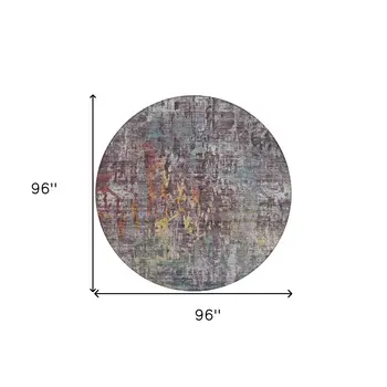 8' Pewter Round Abstract Washable Indoor Outdoor Area Rug