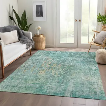 3' X 5' Teal Blue Abstract Washable Indoor Outdoor Area Rug