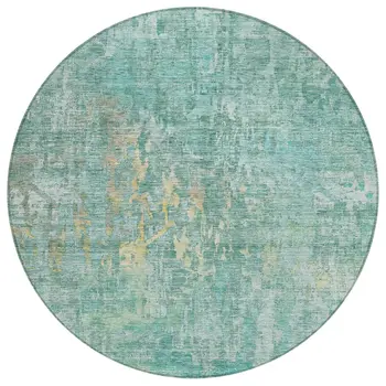 8' Teal Blue Round Abstract Washable Indoor Outdoor Area Rug