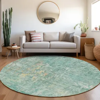 8' Teal Blue Round Abstract Washable Indoor Outdoor Area Rug