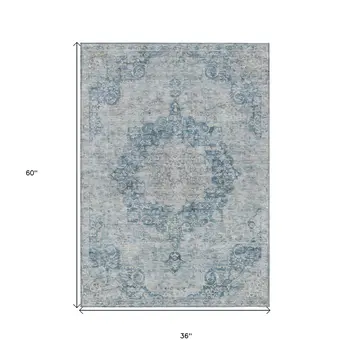 3' X 5' Blue Floral Medallion Washable Indoor Outdoor Area Rug