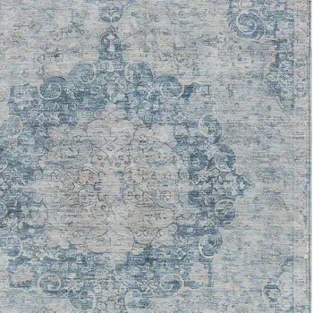 5' X 8' Blue Floral Medallion Washable Indoor Outdoor Area Rug
