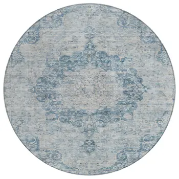 8' Blue Round Floral Medallion Washable Indoor Outdoor Area Rug