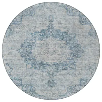 8' Blue Round Floral Medallion Washable Indoor Outdoor Area Rug