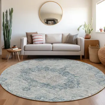 8' Blue Round Floral Medallion Washable Indoor Outdoor Area Rug