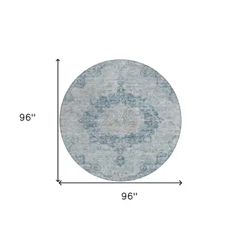 8' Blue Round Floral Medallion Washable Indoor Outdoor Area Rug