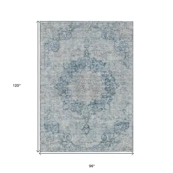 8' X 10' Blue Floral Medallion Washable Indoor Outdoor Area Rug