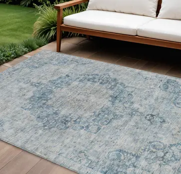 8' X 10' Blue Floral Medallion Washable Indoor Outdoor Area Rug