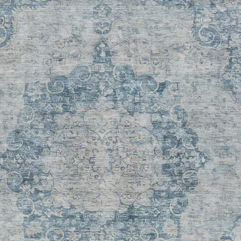8' X 10' Blue Floral Medallion Washable Indoor Outdoor Area Rug