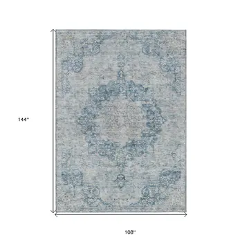 9' X 12' Blue Floral Medallion Washable Indoor Outdoor Area Rug
