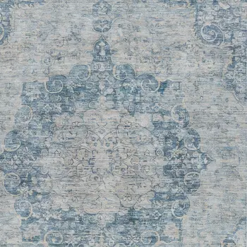 9' X 12' Blue Floral Medallion Washable Indoor Outdoor Area Rug