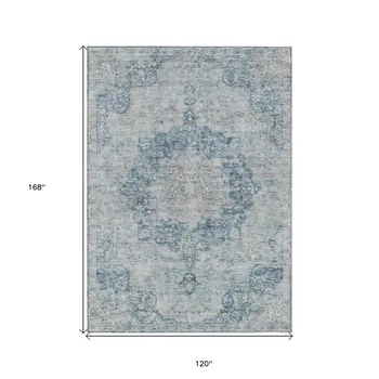 10' X 14' Blue Floral Medallion Washable Indoor Outdoor Area Rug