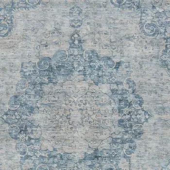 10' X 14' Blue Floral Medallion Washable Indoor Outdoor Area Rug