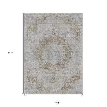 9' X 12' Chocolate Floral Medallion Washable Indoor Outdoor Area Rug