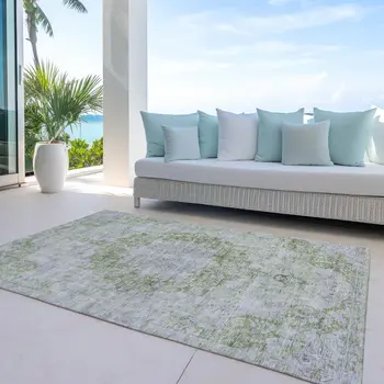 3' X 5' Olive Green Floral Medallion Washable Indoor Outdoor Area Rug