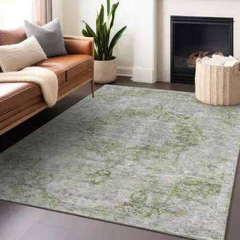 3' X 5' Olive Green Floral Medallion Washable Indoor Outdoor Area Rug