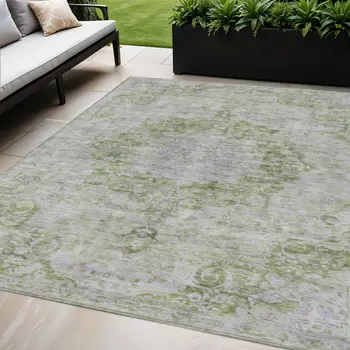 5' X 8' Olive Green Floral Medallion Washable Indoor Outdoor Area Rug