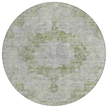 8' Olive Green Round Floral Medallion Washable Indoor Outdoor Area Rug