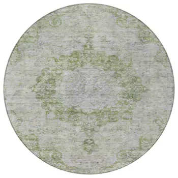 8' Olive Green Round Floral Medallion Washable Indoor Outdoor Area Rug