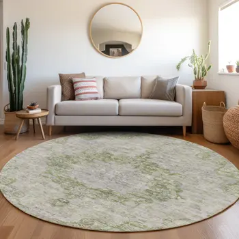 8' Olive Green Round Floral Medallion Washable Indoor Outdoor Area Rug