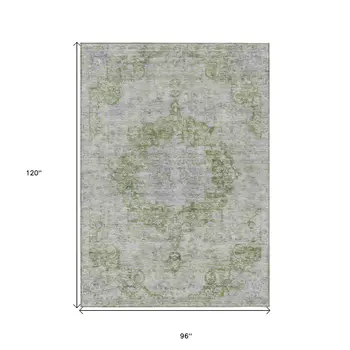 8' X 10' Olive Green Floral Medallion Washable Indoor Outdoor Area Rug