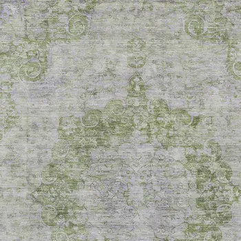 9' X 12' Olive Green Floral Medallion Washable Indoor Outdoor Area Rug