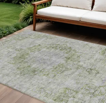 10' X 14' Olive Green Floral Medallion Washable Indoor Outdoor Area Rug