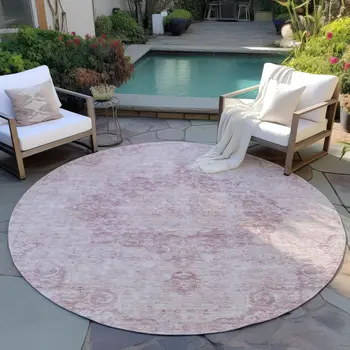 8' Pink Round Floral Medallion Washable Indoor Outdoor Area Rug