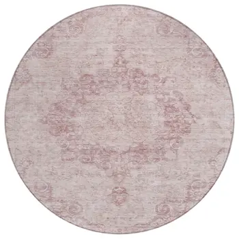 8' Pink Round Floral Medallion Washable Indoor Outdoor Area Rug