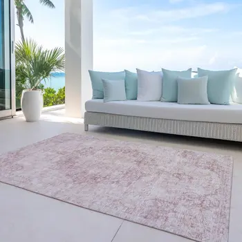 8' X 10' Pink Floral Medallion Washable Indoor Outdoor Area Rug