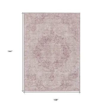 9' X 12' Pink Floral Medallion Washable Indoor Outdoor Area Rug