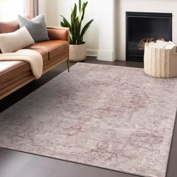 9' X 12' Pink Floral Medallion Washable Indoor Outdoor Area Rug
