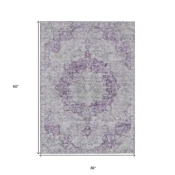 3' X 5' Purple Floral Medallion Washable Indoor Outdoor Area Rug