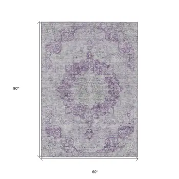 5' X 8' Purple Floral Medallion Washable Indoor Outdoor Area Rug
