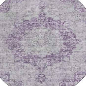 8' Purple Round Floral Medallion Washable Indoor Outdoor Area Rug