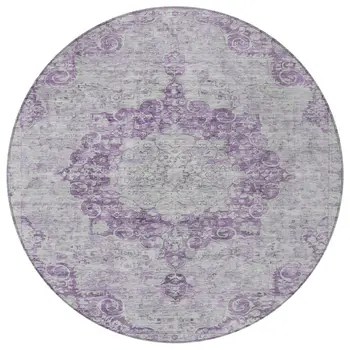 8' Purple Round Floral Medallion Washable Indoor Outdoor Area Rug