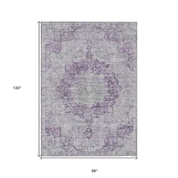 8' X 10' Purple Floral Medallion Washable Indoor Outdoor Area Rug