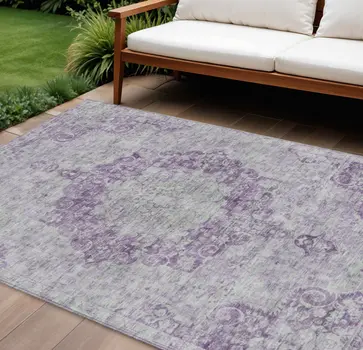 8' X 10' Purple Floral Medallion Washable Indoor Outdoor Area Rug