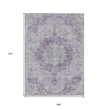 9' X 12' Purple Floral Medallion Washable Indoor Outdoor Area Rug