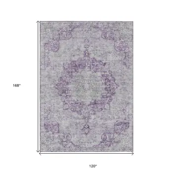 10' X 14' Purple Floral Medallion Washable Indoor Outdoor Area Rug